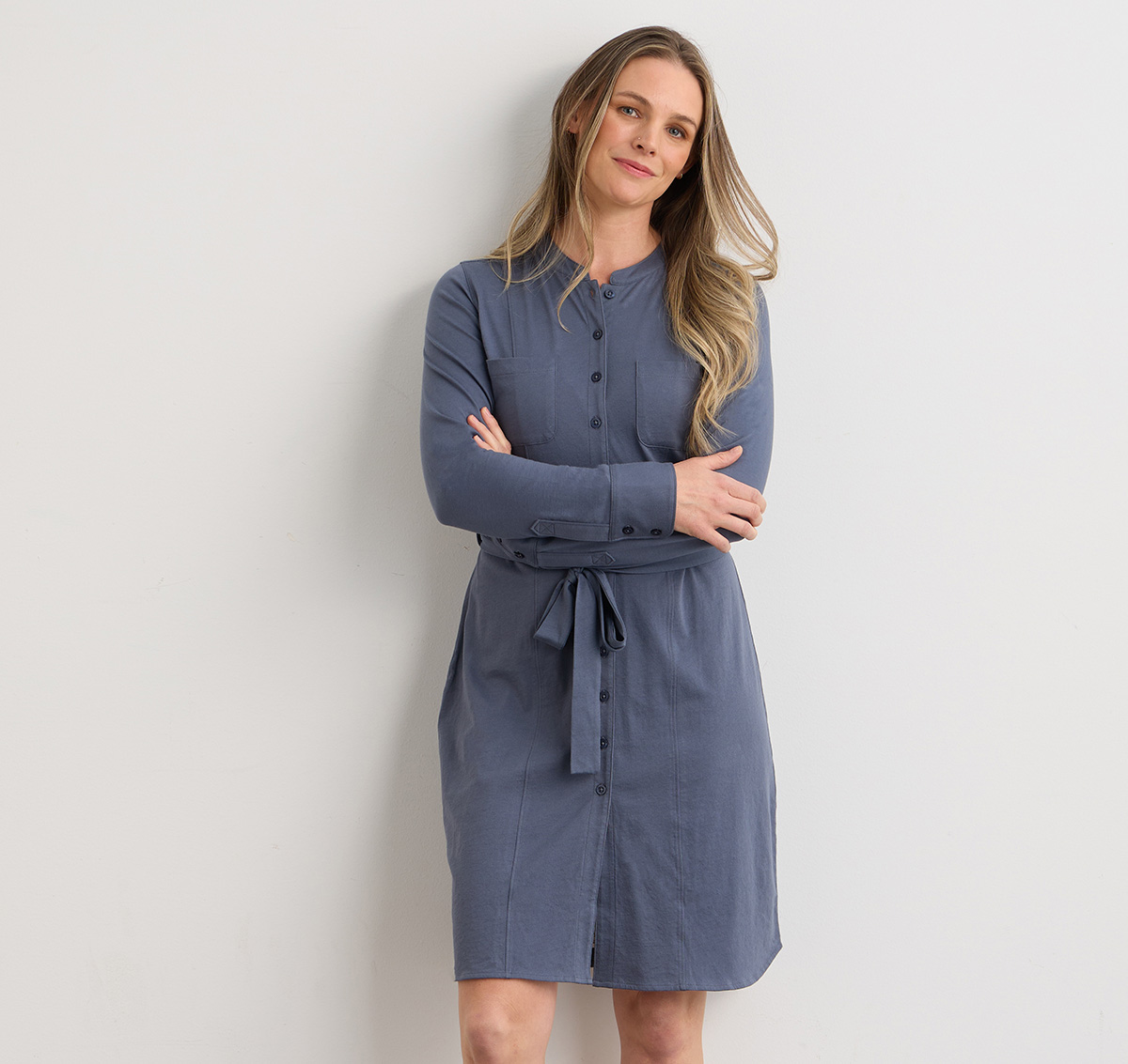 organic button front shirt dress